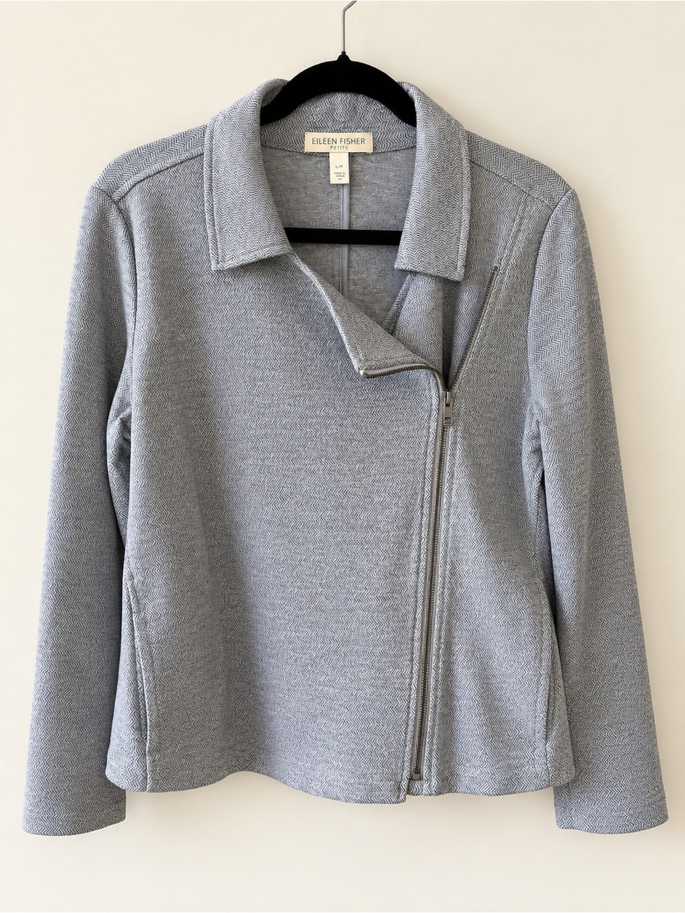 Eileen Fisher Organic Cotton Herringbone Moto Jacket Large Petite Gray